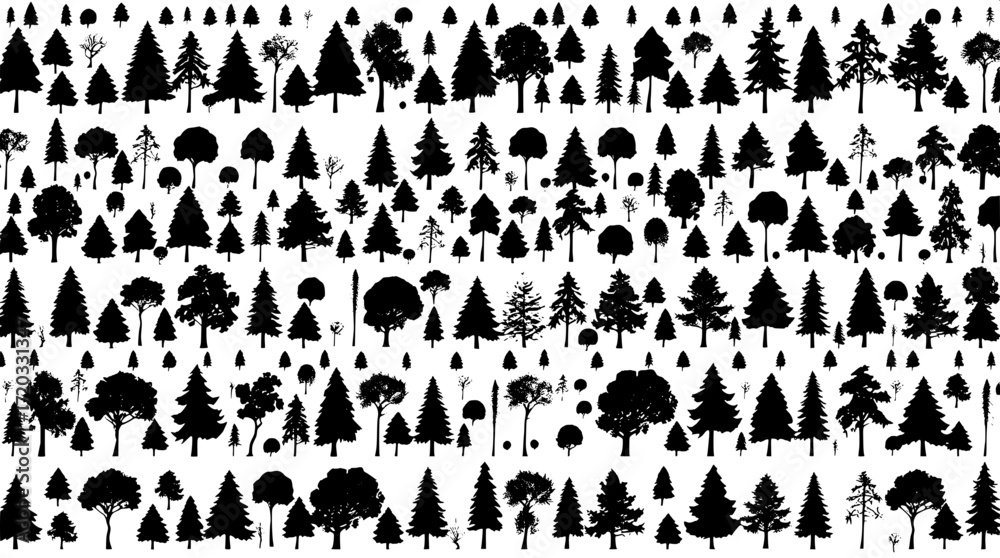 Fototapeta premium Monochrome catalog of trees, densely packed silhouettes arranged in meticulous neat rows, with a high contrast aesthetic that evokes a sense of scientific accuracy and artistic simplicity, each tree s