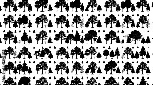 Monochrome catalog of trees, densely packed silhouettes arranged in meticulous neat rows, with a high contrast aesthetic that evokes a sense of scientific accuracy and artistic simplicity, each tree s