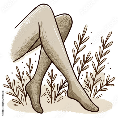 Legs in sheer tights crossed among delicate foliage and plants  