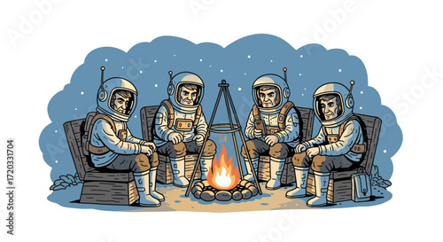 Four illustrated astronauts in detailed spacesuits relaxing around a glowing campfire under a starry sky, one checking phone.