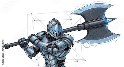 Armored Robot Knight with Glowing Blue Accents Holding a Large Battle Axe