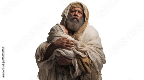 Simeon the Elder full body on transparent background, standing in temple garments and cradling infant Jesus, biblical New Testament presentation in the temple isolated PNG.