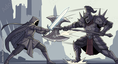 Hooded warrior with glowing sword battles spiked knight wielding a massive axe in dynamic fantasy combat