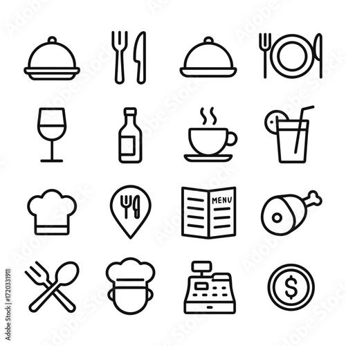 Restaurant dining icons vector collection. Outline symbols. Line design