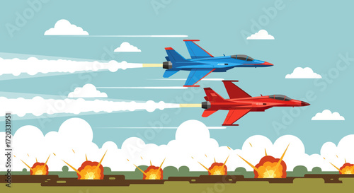 Cartoon fighter jets, one blue and one red, flying in formation with exhaust trails.
