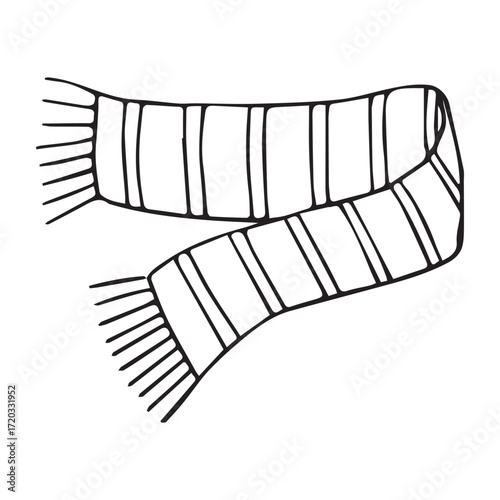 Striped scarf line drawing in hand-drawn style in black and white for cozy winter accessories. Vector hand drawn illustration for postcards, logo, stikers, polygraphy and social media. Not AI