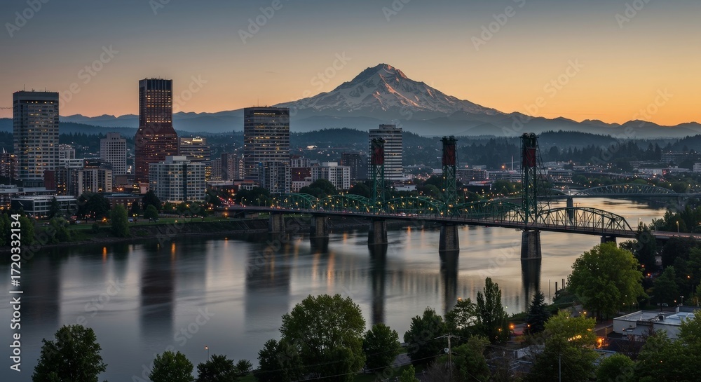 Obraz premium Portland skyline with bridges Mount Hood