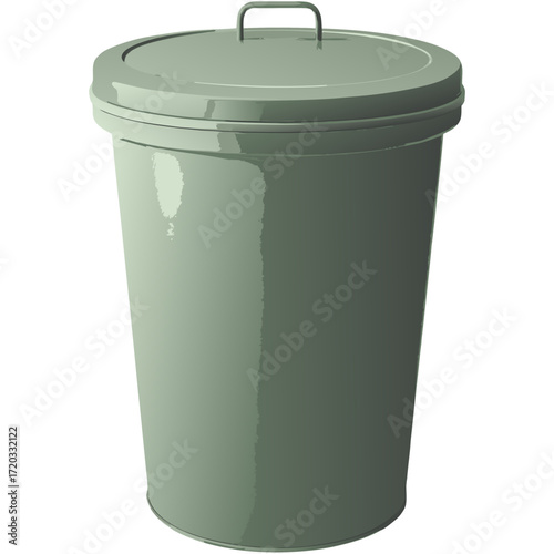Metall-Mülltonne mit Deckel in 3D-Darstellung und glänzender, grünlich-grauer Oberfläche auf weißem Hintergrund