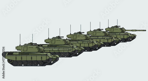Five Olive-Green Military Tanks in Formation, Detailed Illustration
