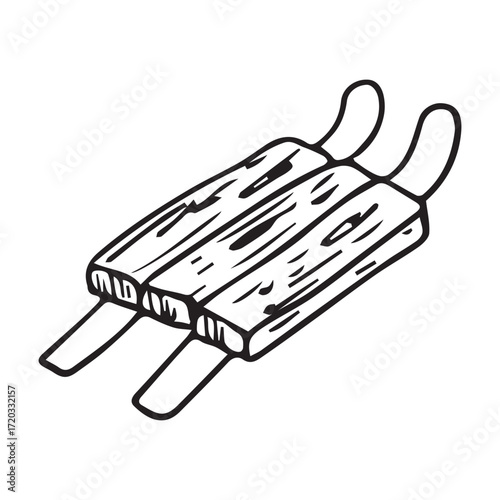Wooden sled line drawing in simple sketch style in black and white representing winter fun. Vector hand drawn illustration for postcards, logo, stikers, polygraphy and social media. Not AI