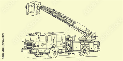 A heroic fire truck extends its ladder to rescue a kitten stuck in a tall tree in a monochromatic sketch with a light