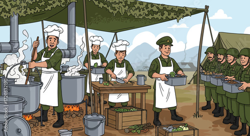 Military chefs preparing and serving food to soldiers in a camp