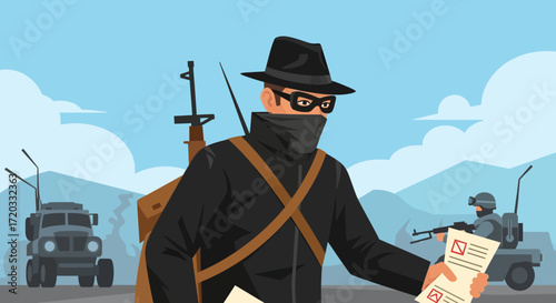 Mysterious masked man in black fedora and glasses holding marked papers, flat vector illustration