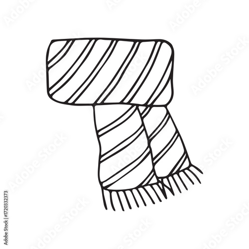 Striped scarf line drawing in minimalist black and white for cozy motifs. Vector hand drawn illustration for postcards, logo, stikers, polygraphy and social media. Not AI