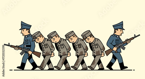 Cartoon Soldiers Marching in Uniform with Rifles and Sad Expressions