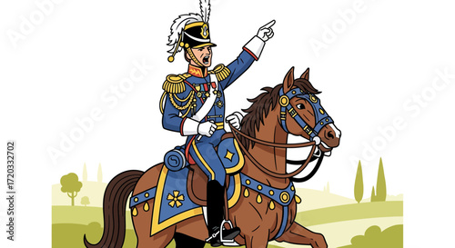 19th Century Cavalry Officer in Blue Uniform, Mounted on Brown Horse, Giving Command