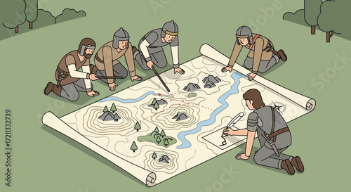 Five cartoon ancient soldiers in helmets and tunics, kneeling around a large topographical map, planning strategy with sticks and quill.