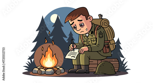 Exhausted cartoon soldier in olive green uniform with sergeant stripes, writing a letter.