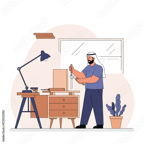 Arab man works with a chisel on wood piece in front of a window