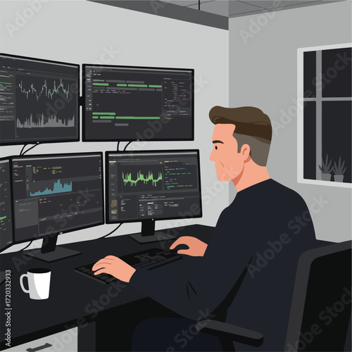Man works with multiple screens showing data and coding, in a dark lit room