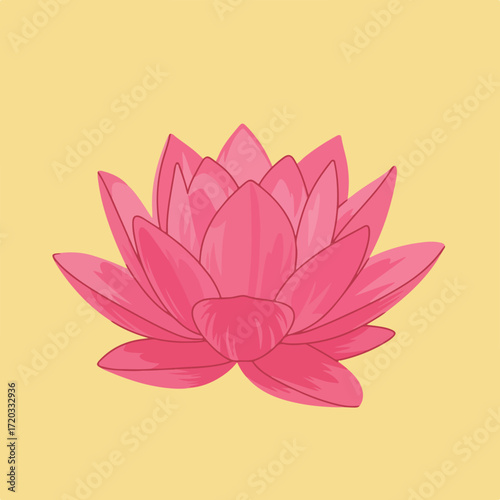 Pink cartoon lotus flower with outlined petals on a plain light yellow background