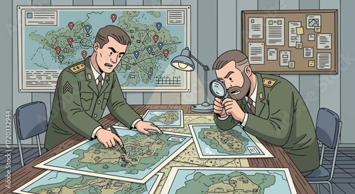 Two focused military officers in green uniforms analyzing tactical maps for a strategic operation.