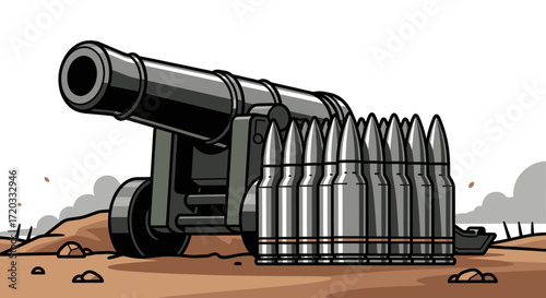 Antique Cannon with Stack of Ammunition, Detailed Illustration