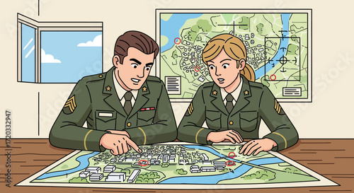Focused male and female army officers in green uniforms analyzing a tactical city map together.