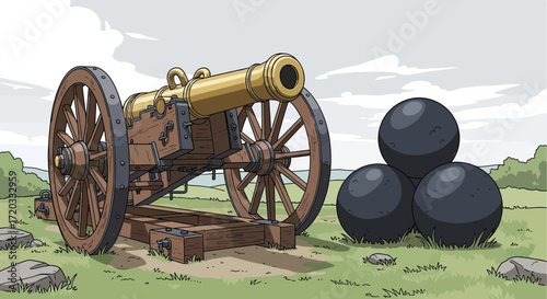 Cartoon Cannon with Wooden Wheels and Stacked Cannonballs Illustration