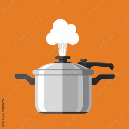 Steaming metal pressure cooker on orange background