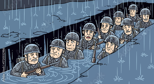 Distressed cartoon soldiers in grey uniforms and helmets, holding rifles, trudging through water.