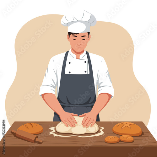 Baker kneading dough at wooden table with bread and rolling pin