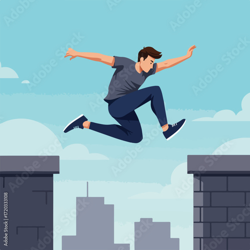 Man jumps across buildings. Cityscape is the backdrop and the sky is blue