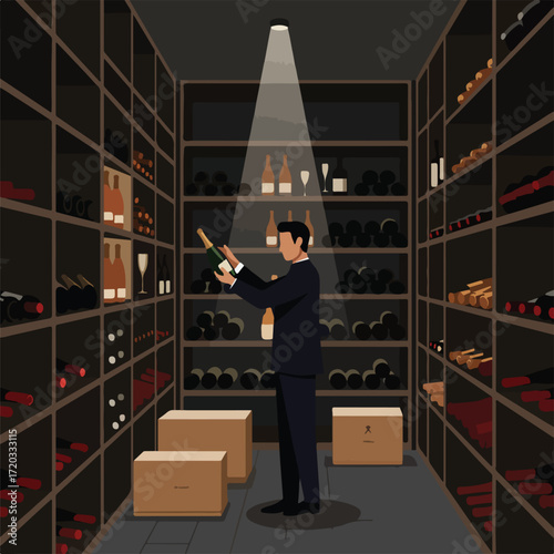 Wine cellar man inspecting bottle in well-stocked, spotlighted storage room