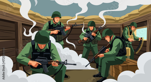 Group of Soldiers in Uniform Holding Rifles Inside Bunker