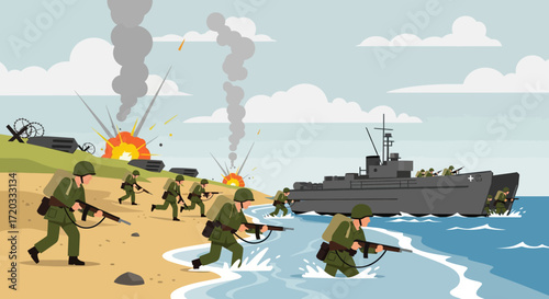 Soldiers storming beach from landing craft during wartime invasion