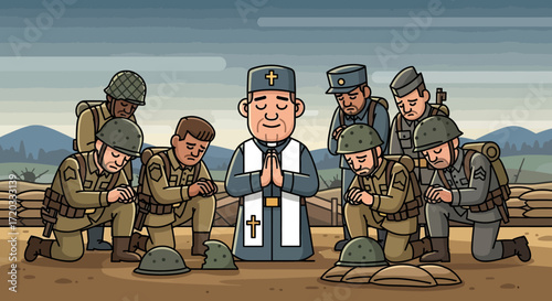 Cartoon Priest Praying with Soldiers on Knees in Wartime Setting