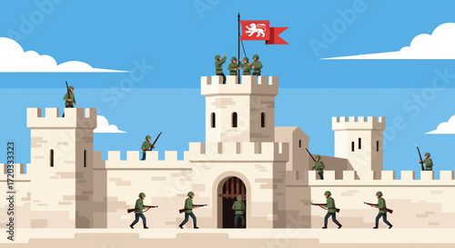 Soldiers defending a medieval castle with a lion flag