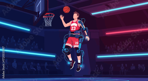 Futuristic Basketball Player in Exoskeleton, Mid-Jump, Catching Ball