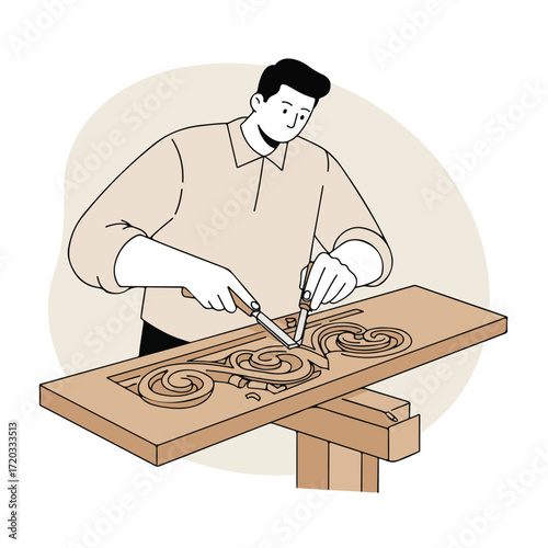 Artisan carving wood panel with ornate, curled design using two chisels
