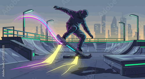 Futuristic Skateboarder Performing a Dynamic Trick, Neon Glow
