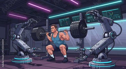 Muscular man performing barbell squat with robotic assistance in futuristic gym