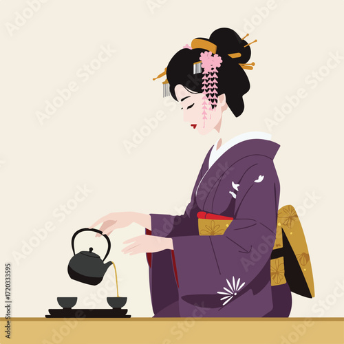 Geisha pours tea with a kettle, wearing a purple kimono and floral hairpiece