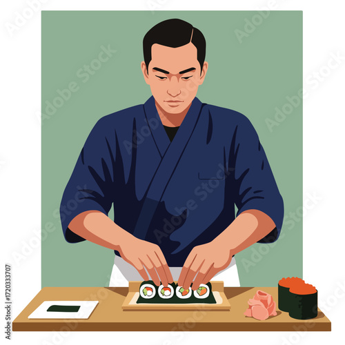 Sushi chef preparing rolls at wooden counter, ginger and roe sushi nearby