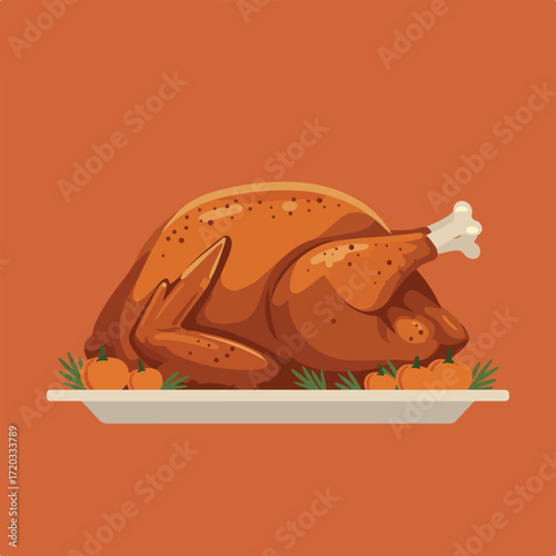 Roasted turkey on a platter with miniature pumpkins on an orange backdrop