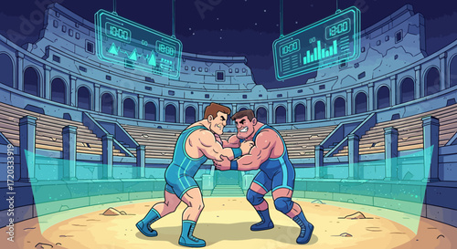 Two Muscular Wrestlers Grappling in Arena, Facing Each Other
