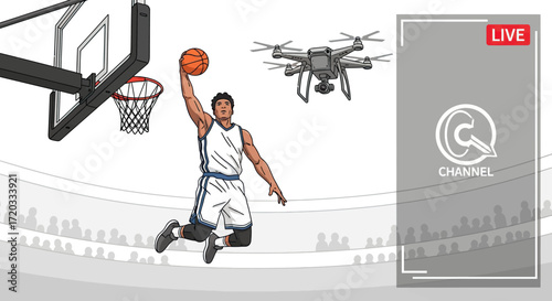 Cartoon basketball player in white and blue uniform jumping to dunk, filmed by a grey camera drone, vector illustration