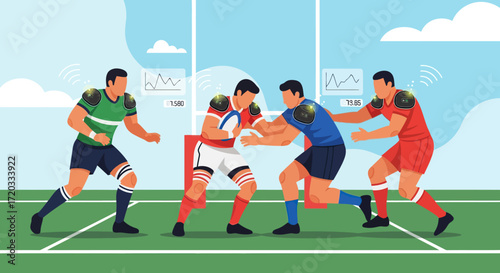 Rugby players wearing advanced wearable technology sensors for performance tracking during a match.