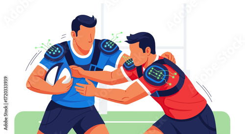 Rugby players tackling while wearing advanced smart gear with glowing green sensors.