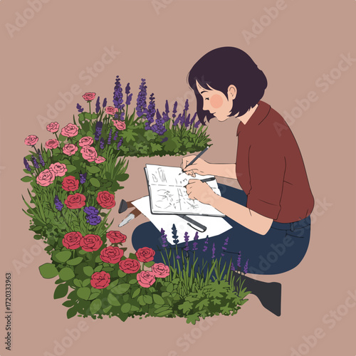 Woman sketches in a garden of roses and lavender